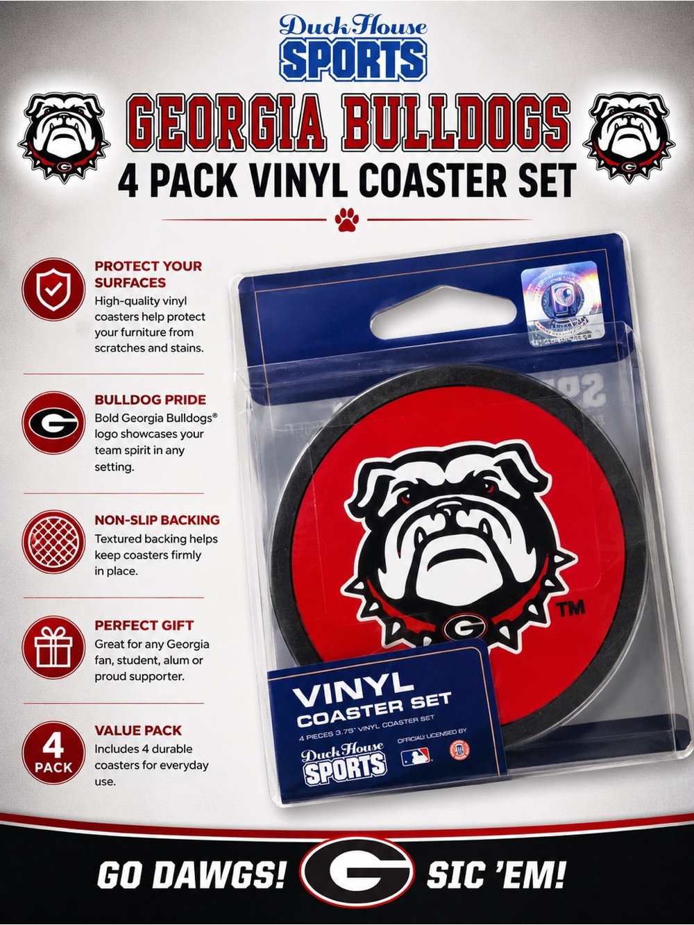 Georgia Bulldogs 4 Pack Red Vinyl Coaster Set with University of Georgia DAWG